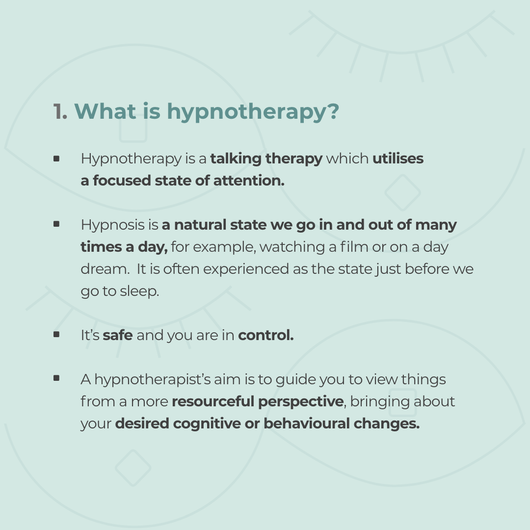 An image with copy which reads, What is hypnotherapy? Hypnotherapy is a talking therapy which utilises a focused state of attention. Hypnosis is a natural state we go in and out of many times a day, for example, watching a film or on a day dream. It is often experienced as the state just before we go to sleep. It's safe and you are in control. A hypnotherapist’s aim is to guide you to view things from a more resourceful perspective, bringing about your desired cognitive or behavioural changes.