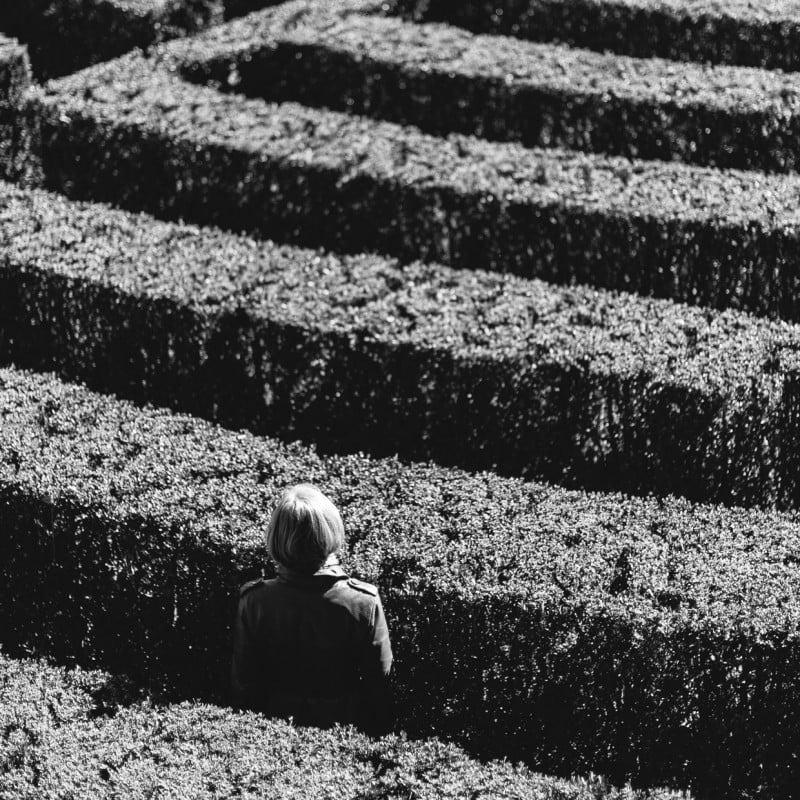 An image of a woman in a maze, representing feels of loss and isolation often associated with grief and survivor's guilt