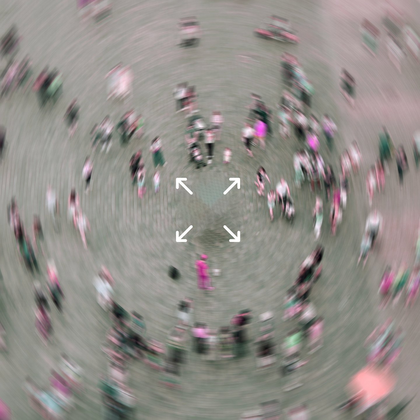 A distorted picture of people walking in a circular direction. The image is blurred to give a sense of confusion and unease, similar to how cancer survivors may feel during the easing of lockdown and Covid-19. Arrows appear on the image pointing in all directions.